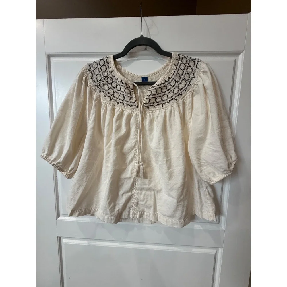 Old Navy Cream Embroidered Blouse Tie Neck Top Medium Coastal Boho Peasant